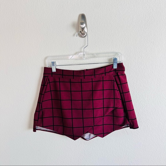 Maroon Black Grid Envelope Skirt Skort - Picture 3 of 9